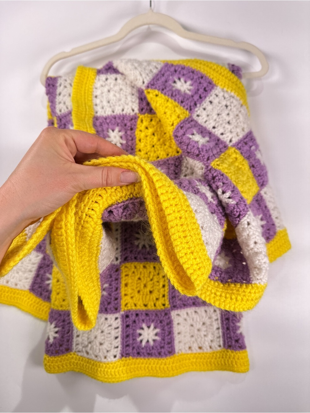 Handmade Vintage Granny Square Crochet Checkerboard Throw Purple Yellow 28x40 - Picture 4 of 9